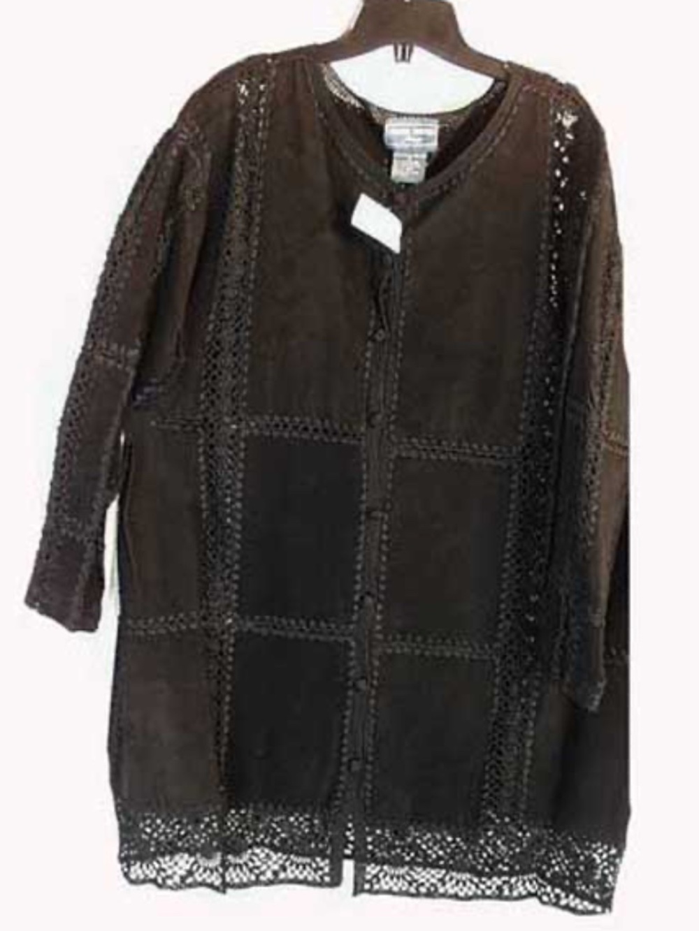 SUEDE JACKET, SIZE 4X, BLACK, TUNIC LENGTH, CROCHET OPENWORK, CROCHET BUTTONS &